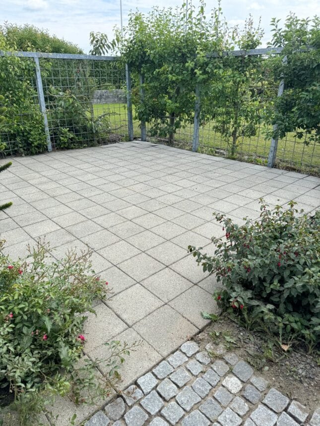 Flisebelagt terrasse med hegn og grønne planter